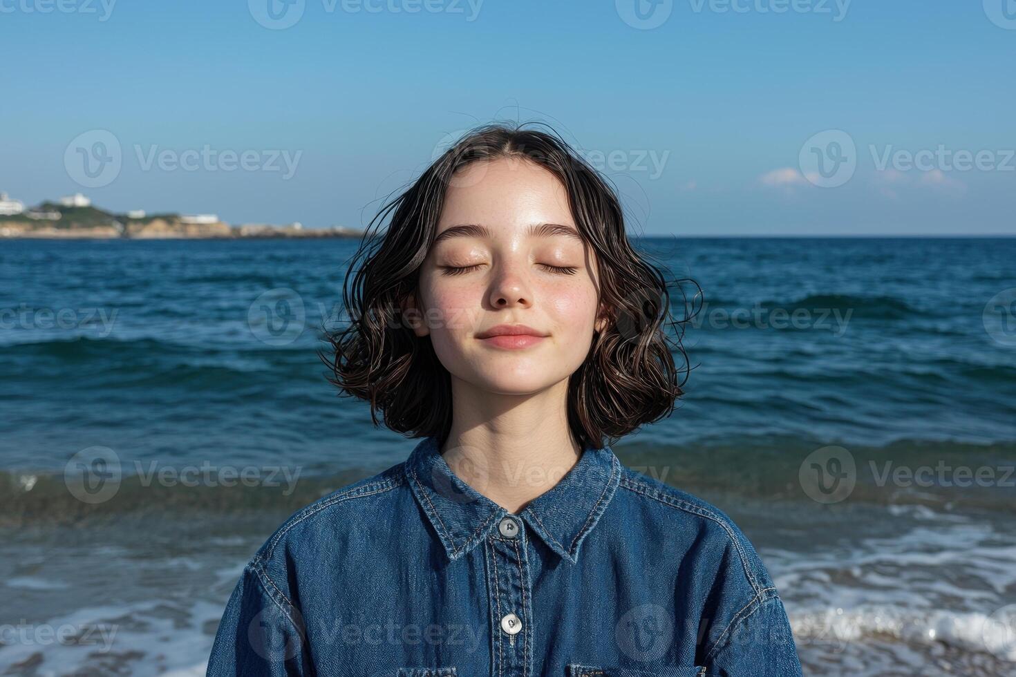Woman closes her eyes and breathes deeply at the beach photo