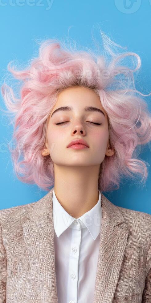 Pink hair woman in a beige blazer photo