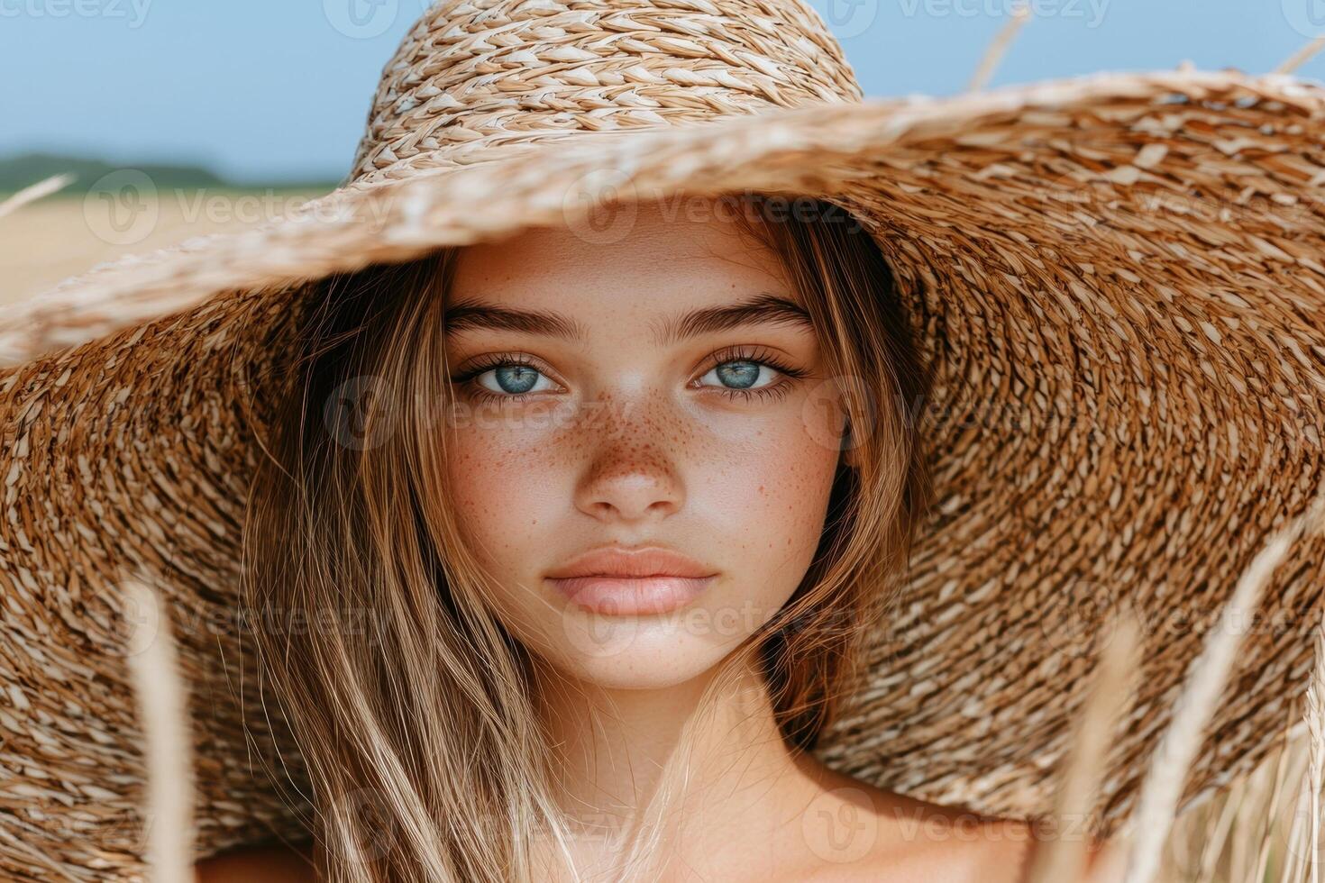 Close up portrait of a young woman with freckles, wearing a large straw hat in a field photo