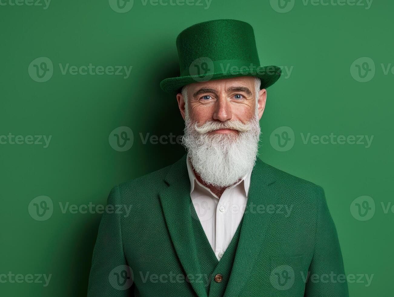 Smiling senior man in green suit and top hat photo