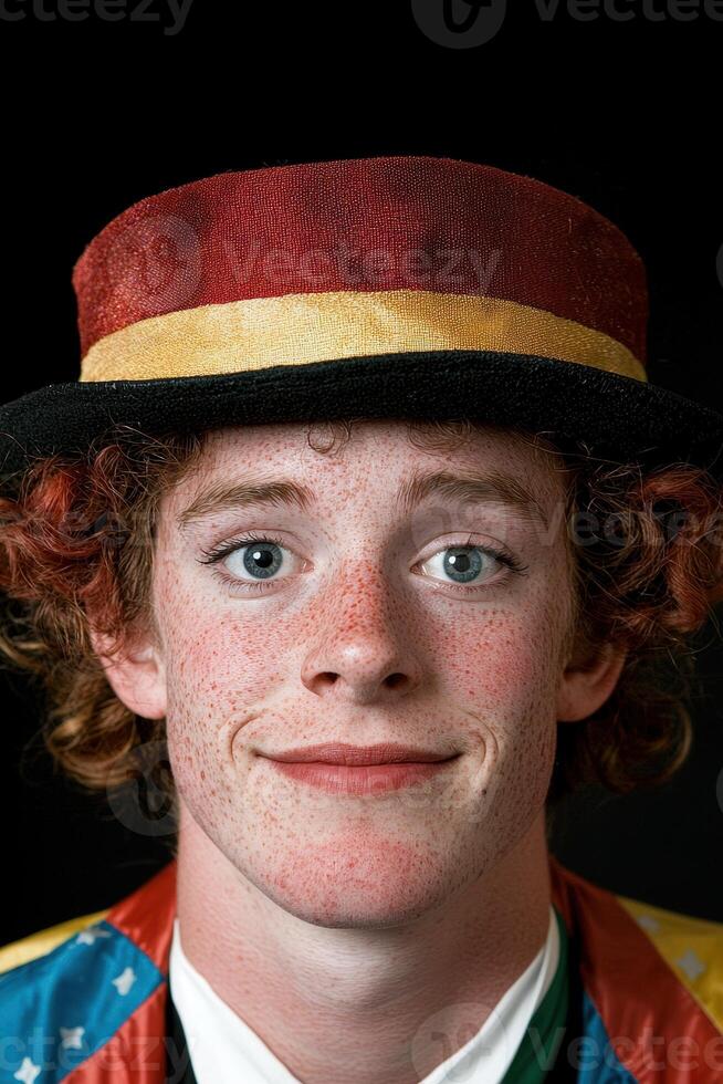 Portrait of a freckled redhead boy wearing a hat photo
