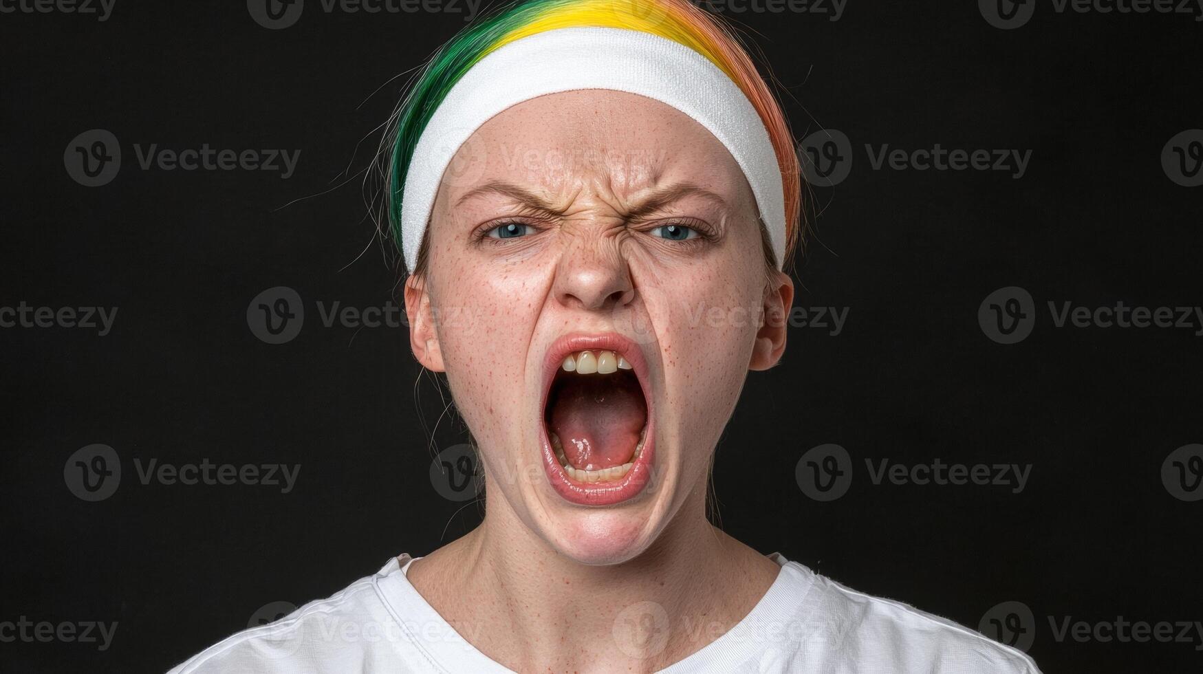 Angry woman with colorful hair yelling photo