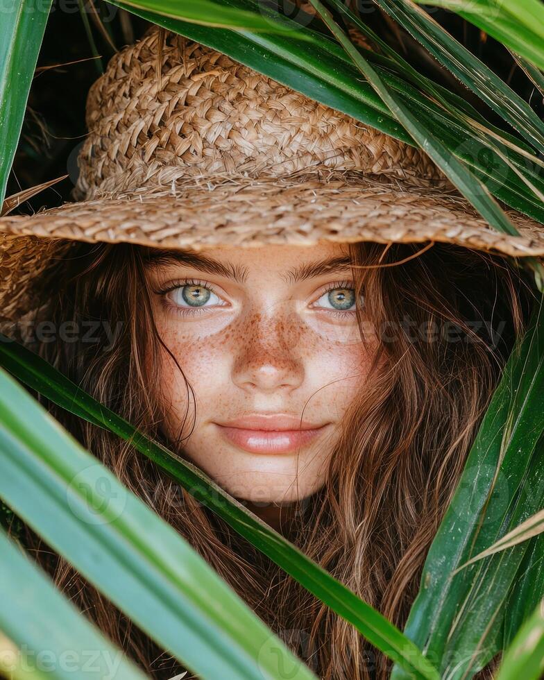 Freckled girl hiding behind tropical leaves photo