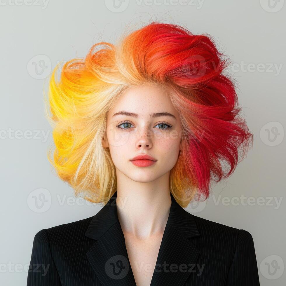 Woman with vibrant yellow and red hair in a black blazer photo