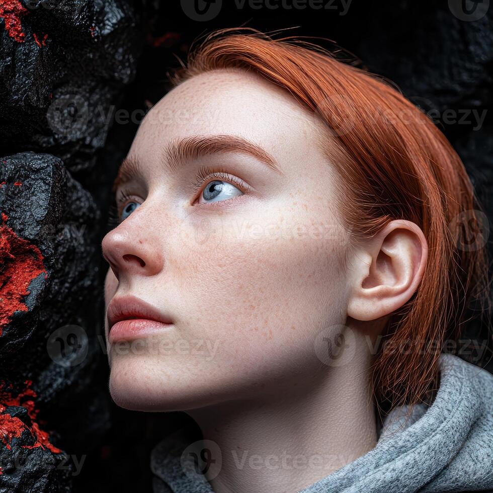 Close up portrait of a young woman with freckles and red hair photo