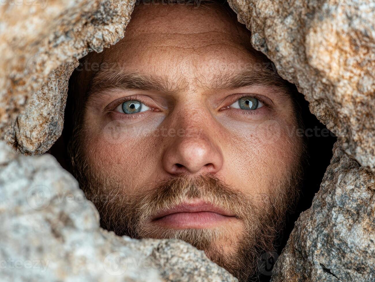 Close up portrait of a mans face peeking from a rock crevice photo