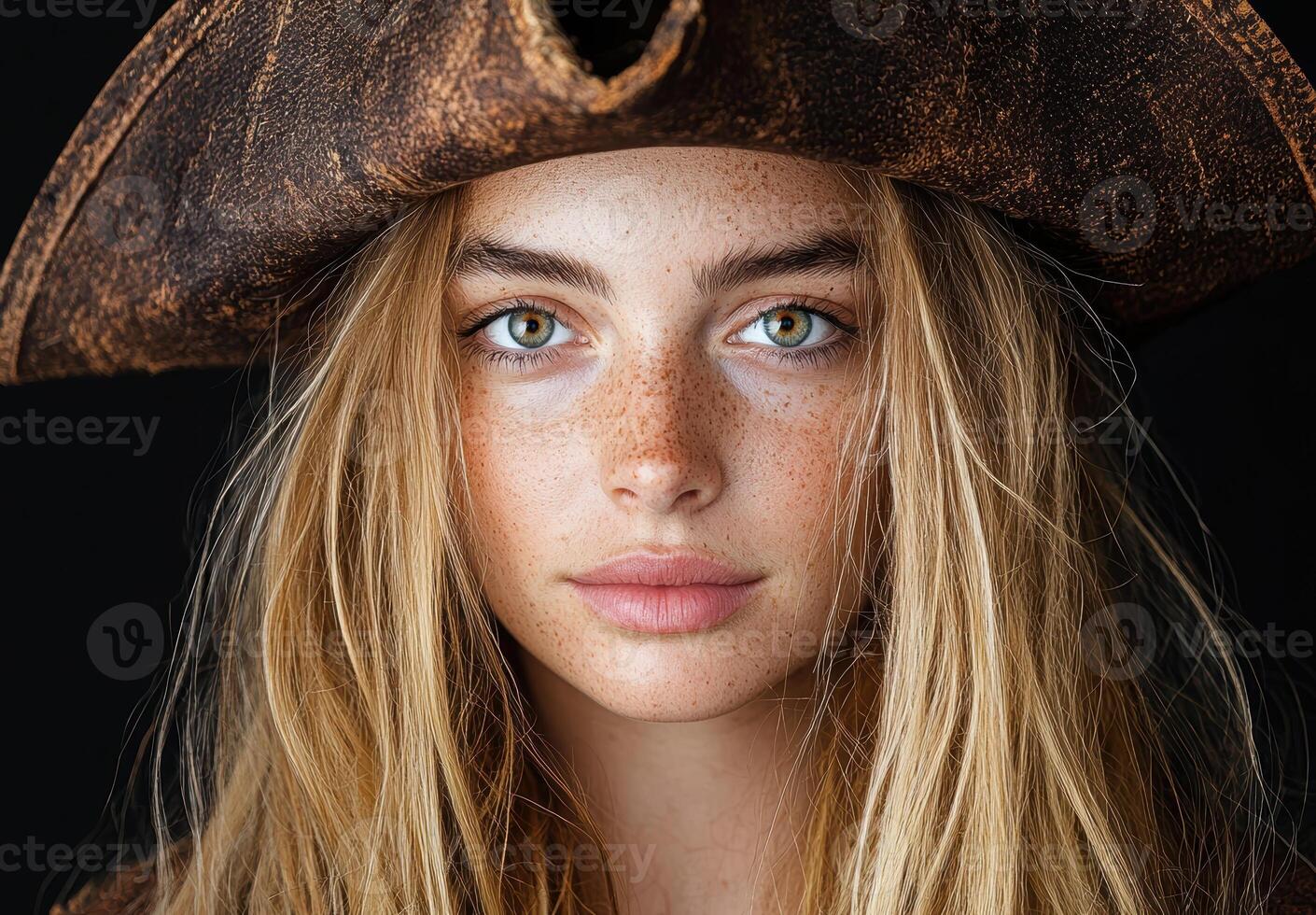 Close up portrait of a young woman with freckles wearing a brown hat photo