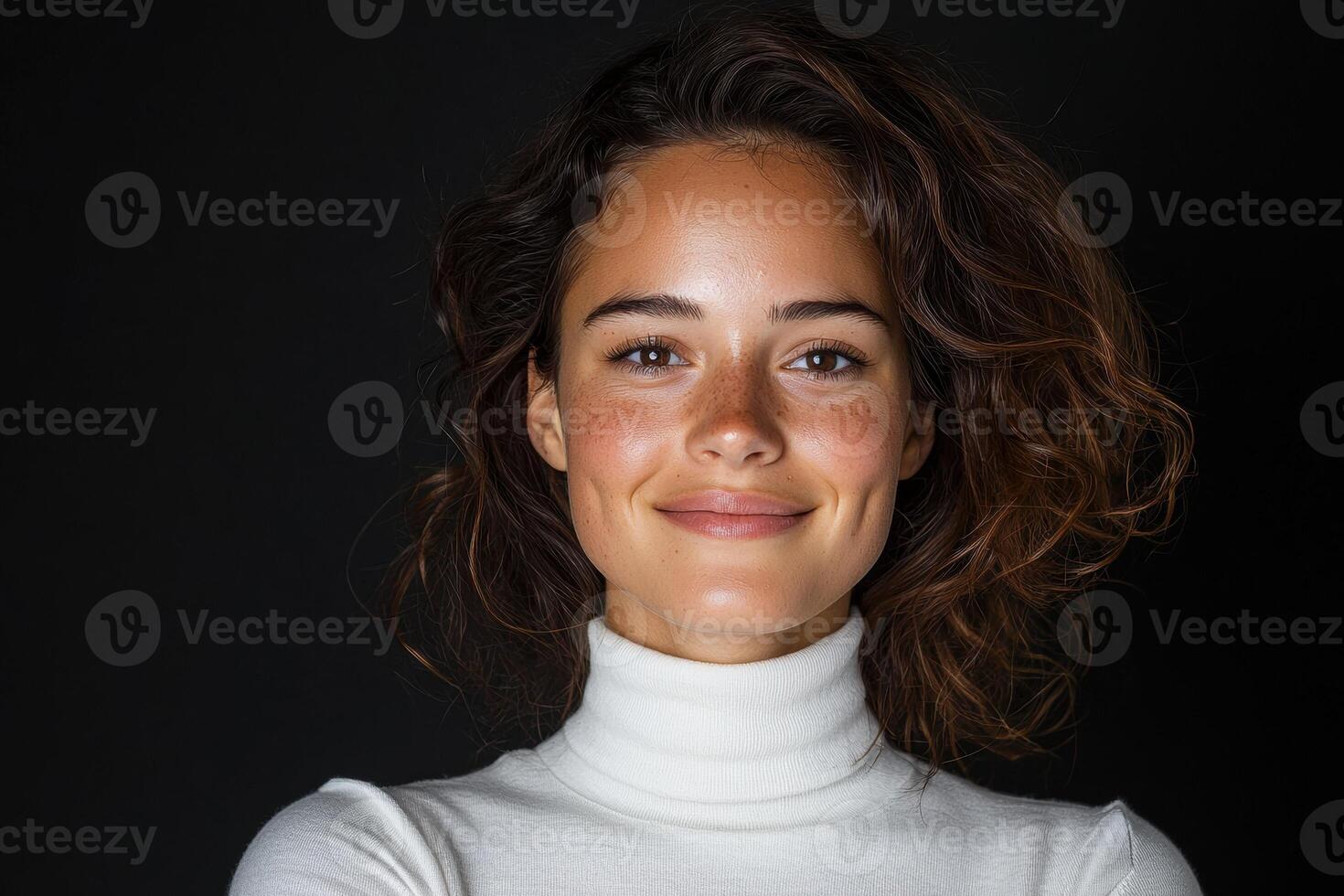 Smiling woman with freckles wearing turtleneck sweater photo