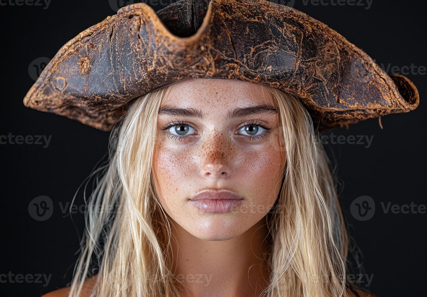Close up portrait of a young woman with freckles wearing a tricorn hat photo