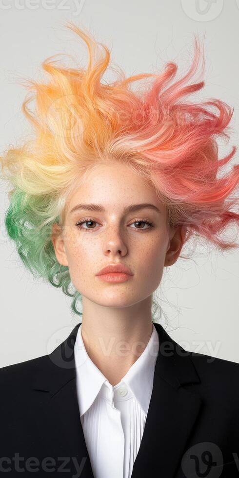 Woman with colorful hair in a business suit photo