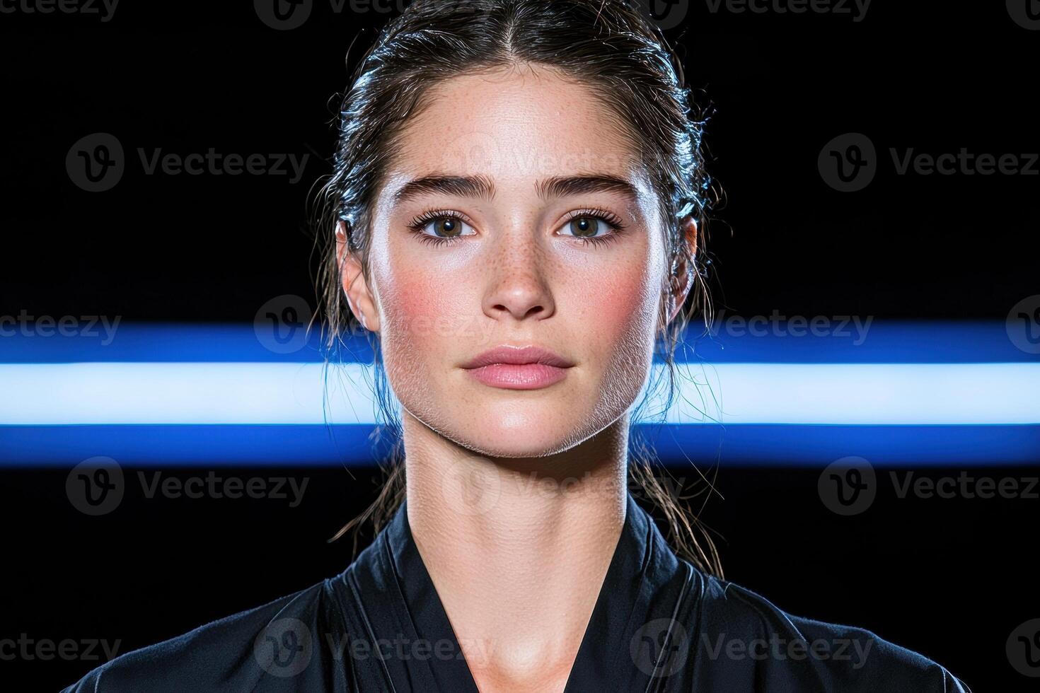 Close up portrait of a young woman with freckles and natural makeup, looking directly at the camera against a dark background with blue light streaks photo