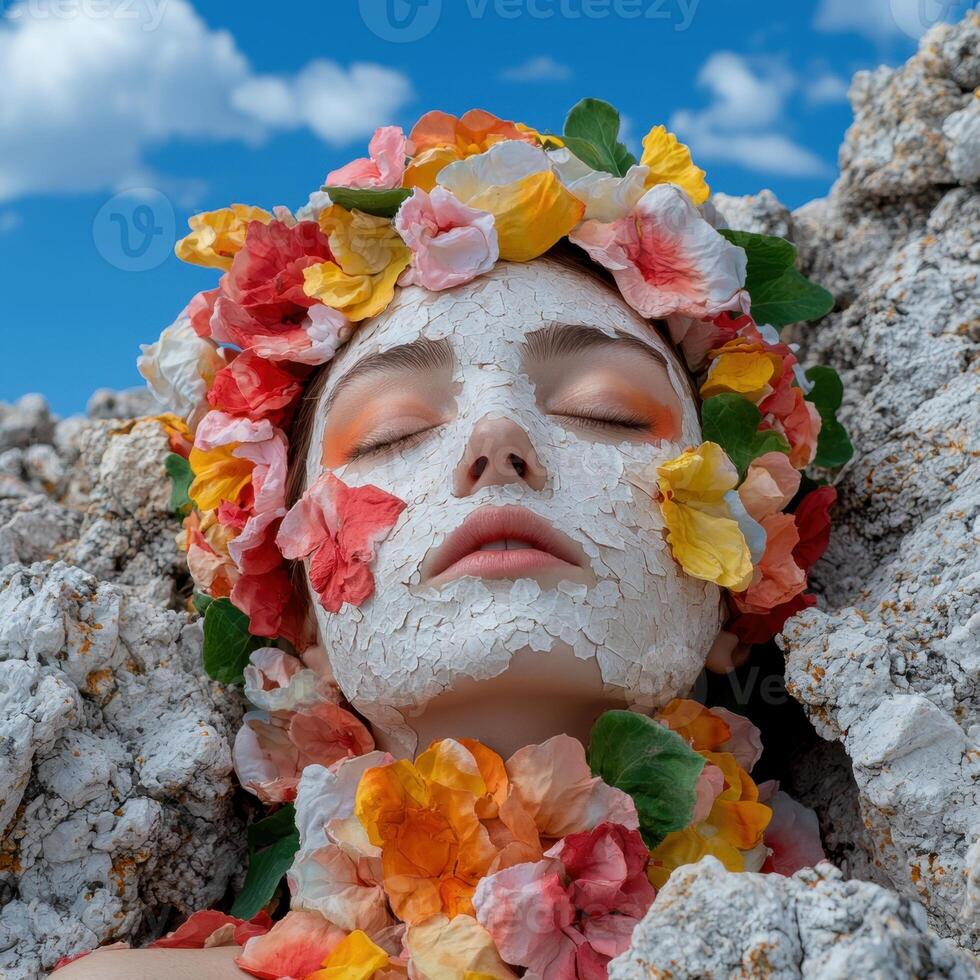Woman with flower crown and clay mask photo