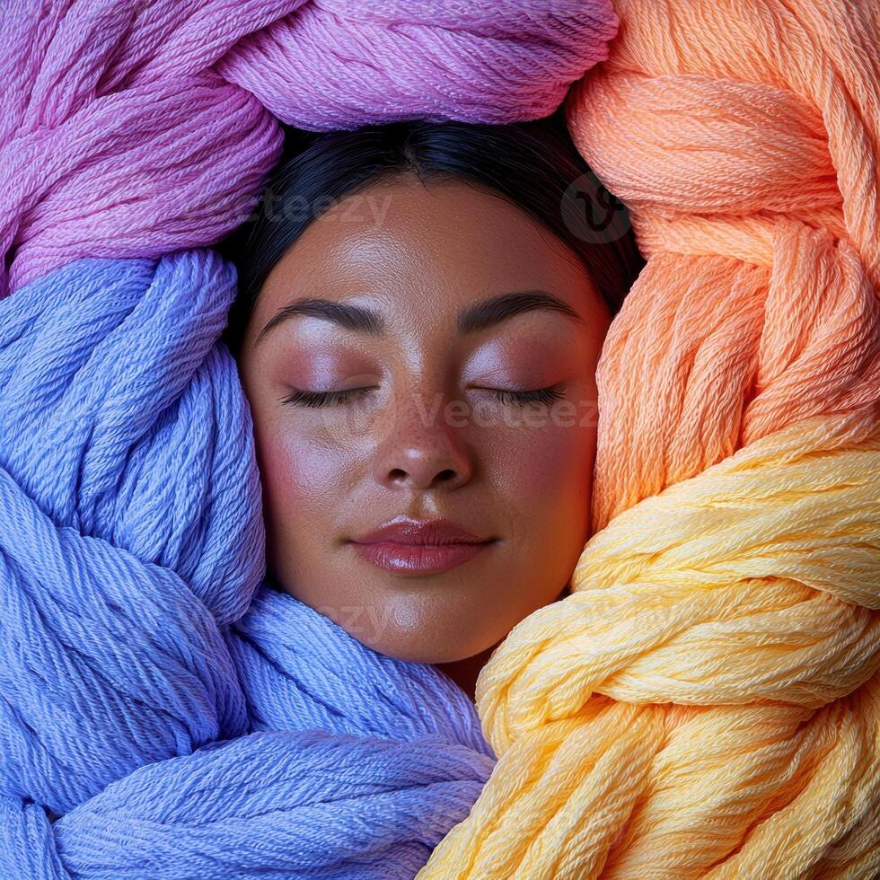 Woman with eyes closed surrounded by colorful yarn photo