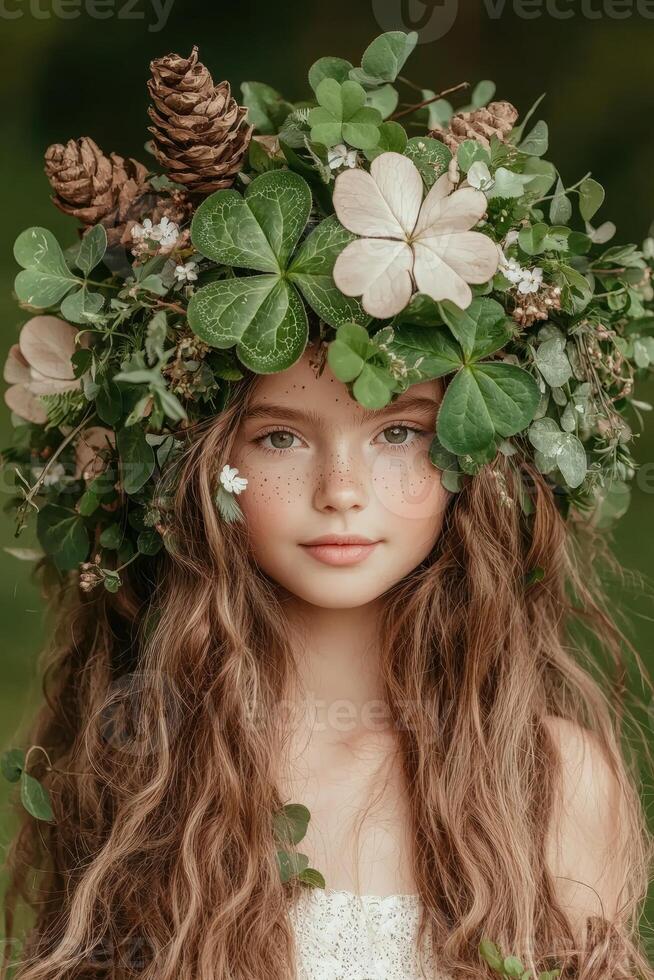 Little girl with flower crown and long hair photo