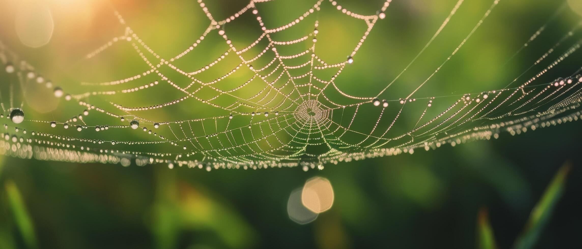 Sparkling dew covered spider web in the morning sunlight photo