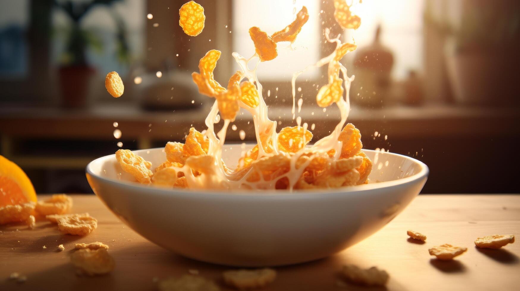 Splashing corn flakes in a bowl photo