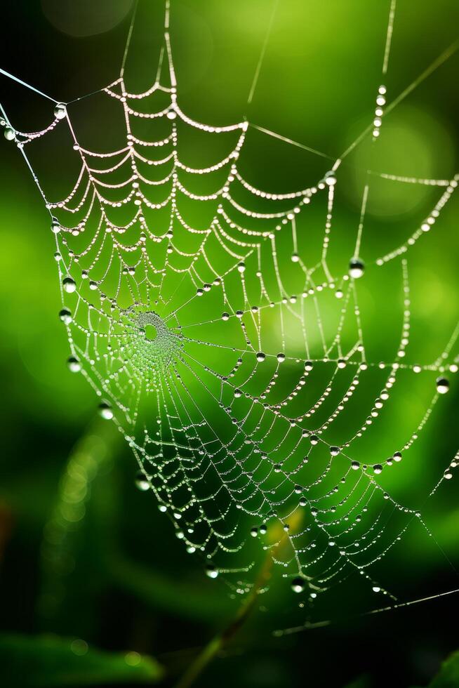 Dew covered spider web in green nature photo