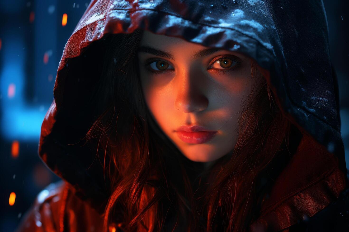 Mysterious woman in hooded red jacket looking intensely into the camera photo