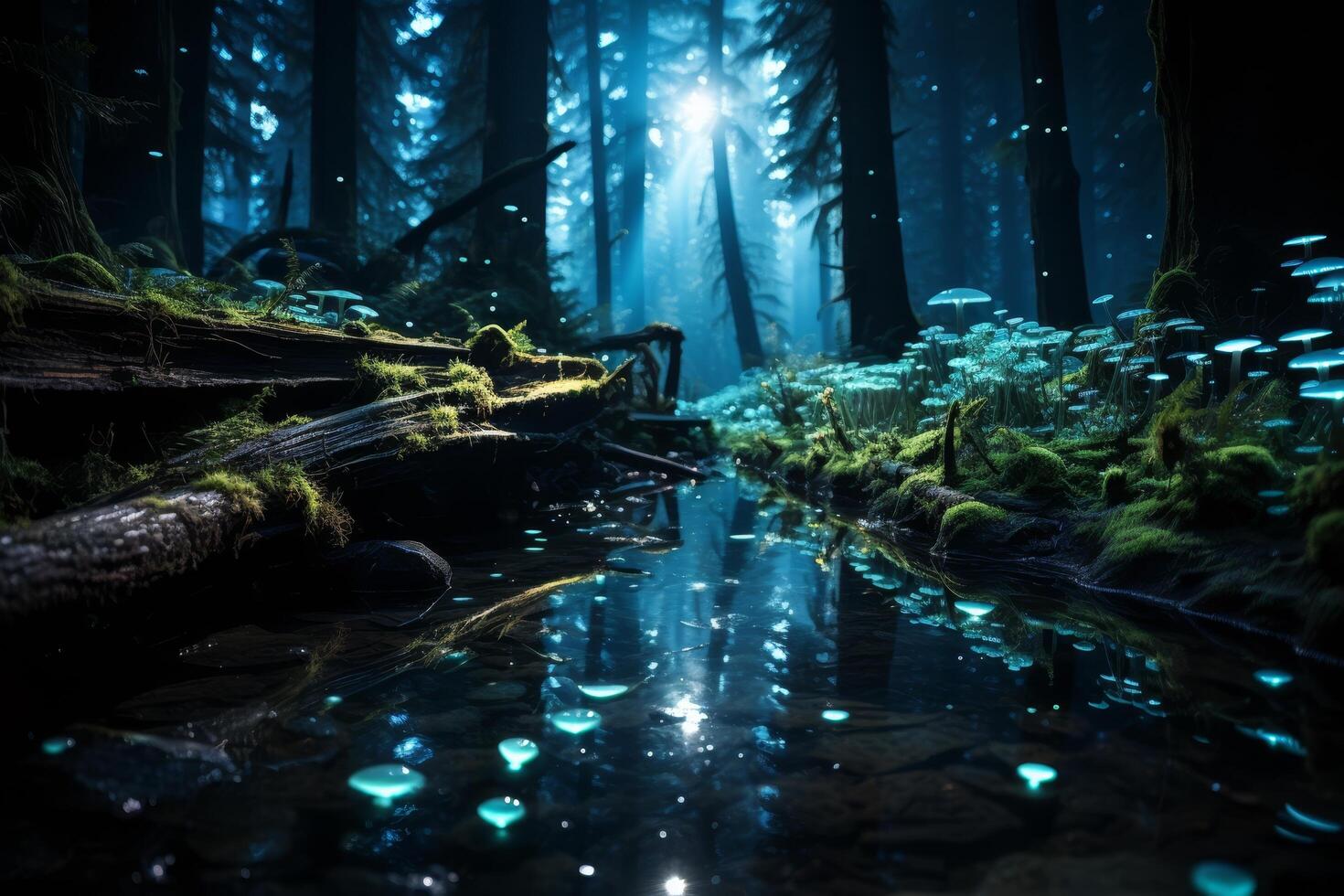 Enchanted forest landscape with glowing mushrooms and reflective stream photo