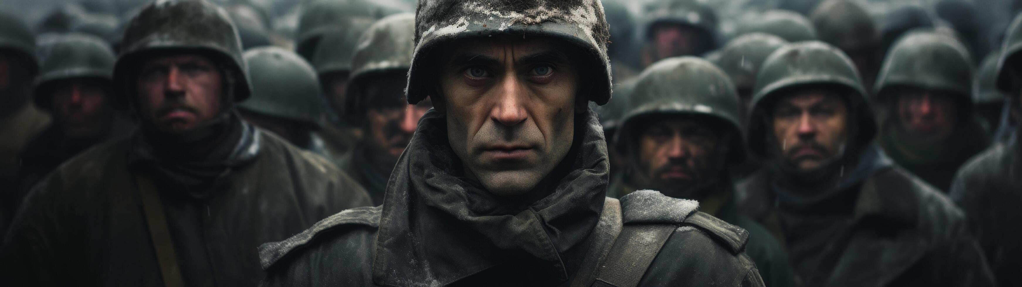 Soldiers in military uniform standing in the rain photo