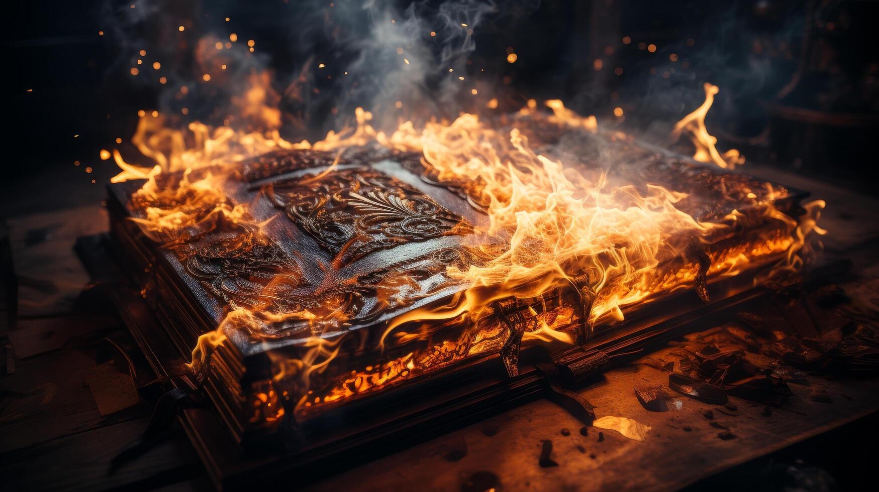 Burning ancient book with ornate cover photo