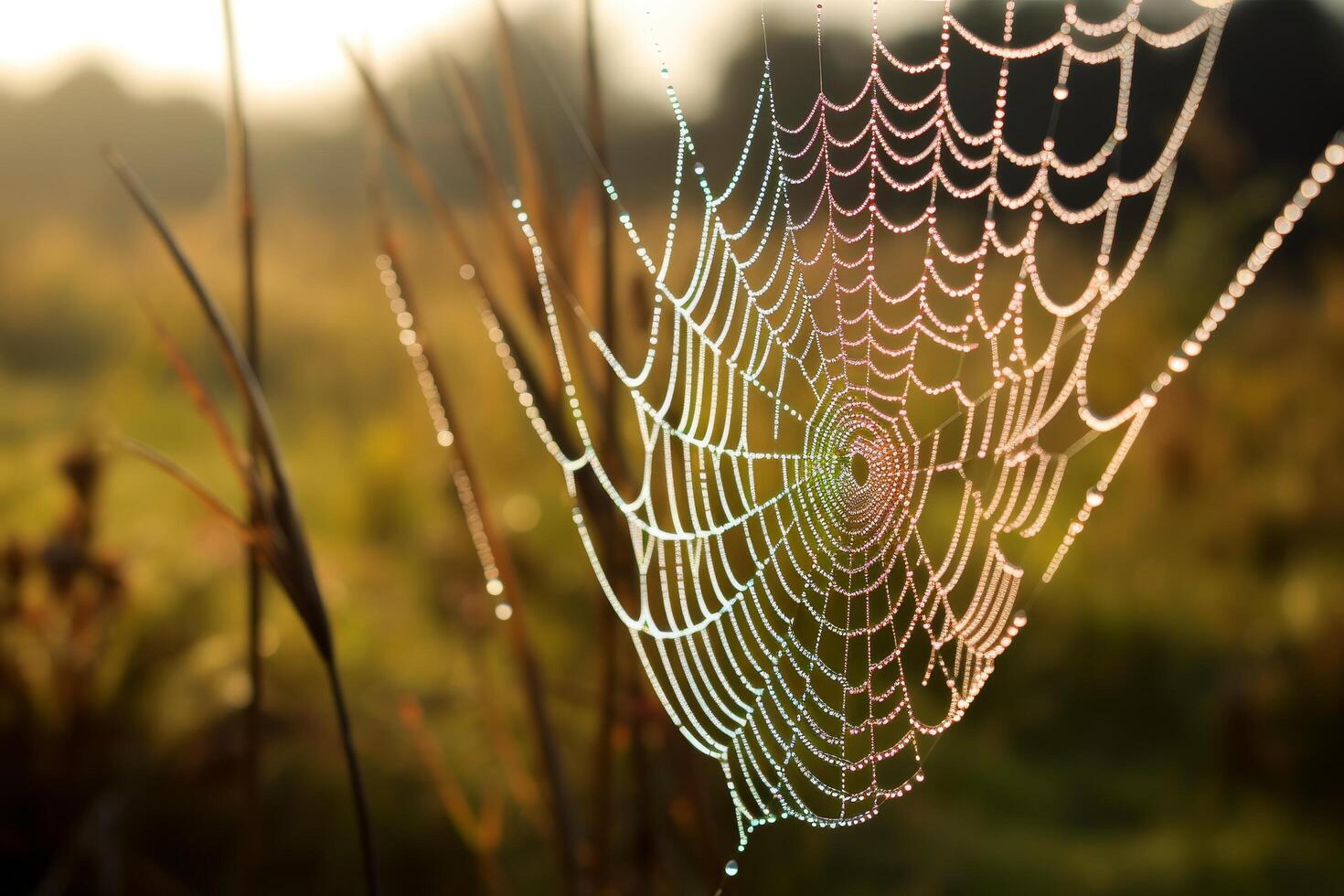 Intricate spider web covered in dew photo