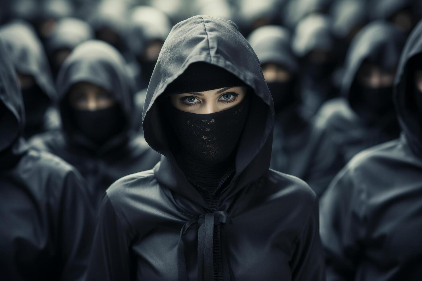 mysterious hooded figure in a crowd photo