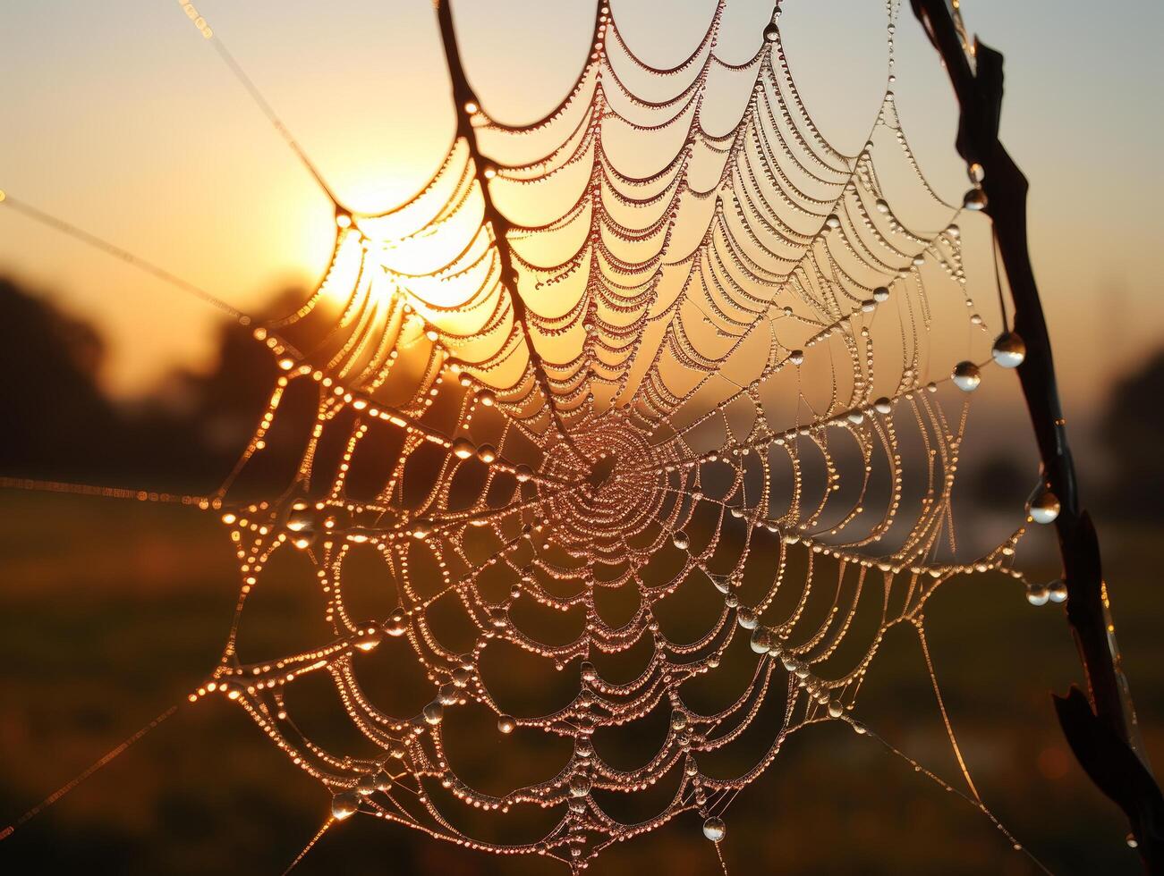 Intricate spider web covered in dew at sunset photo