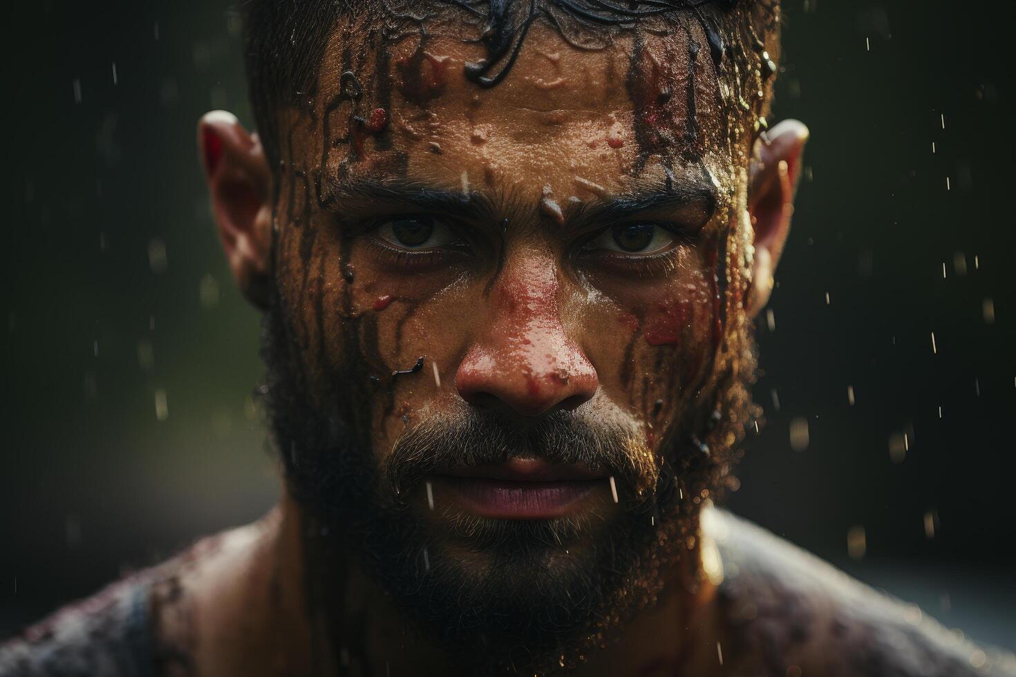 Intense close up portrait of a rugged, bearded man with a determined expression photo