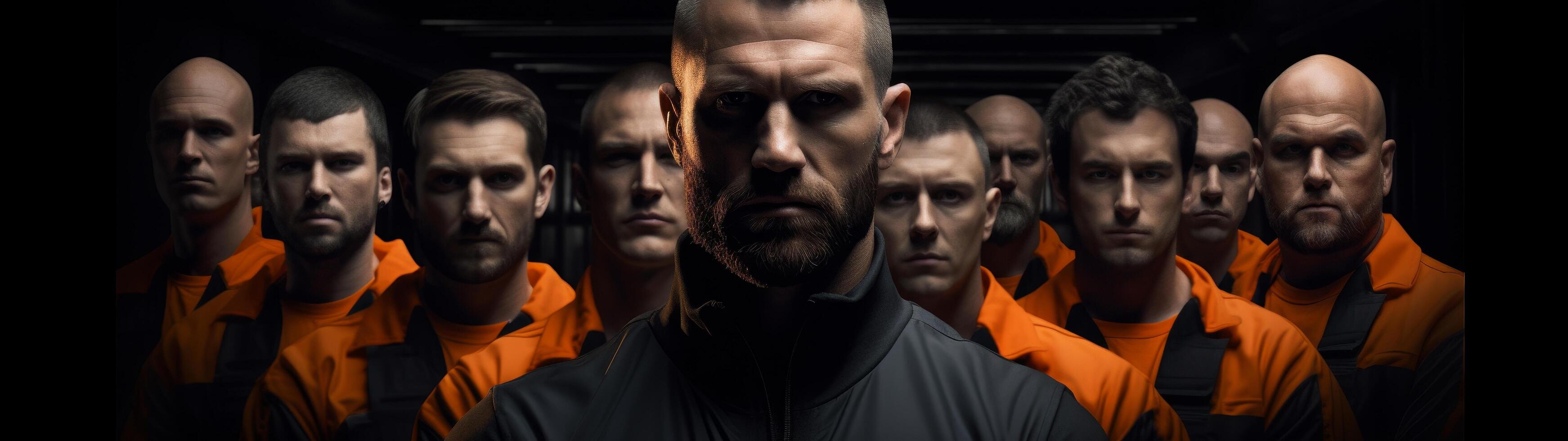 group of serious men in orange uniforms photo