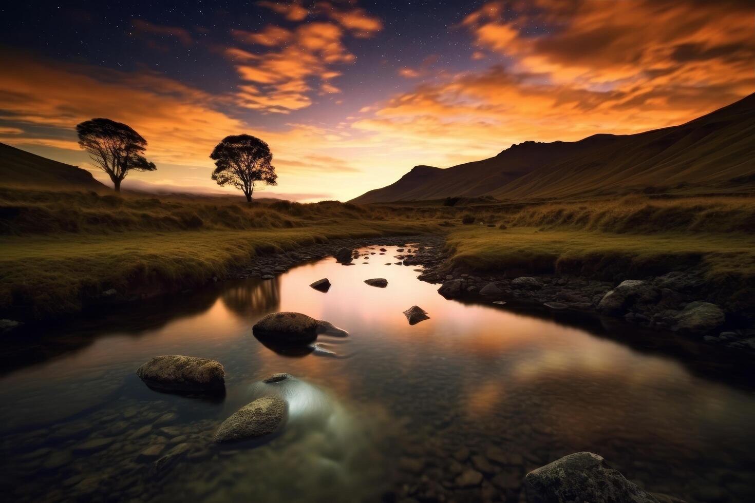 Serene mountain landscape at sunset photo