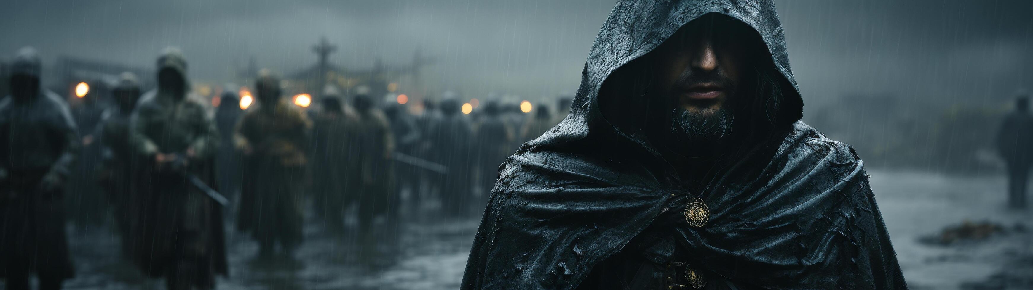 Mysterious hooded figure in a dark, rainy city photo