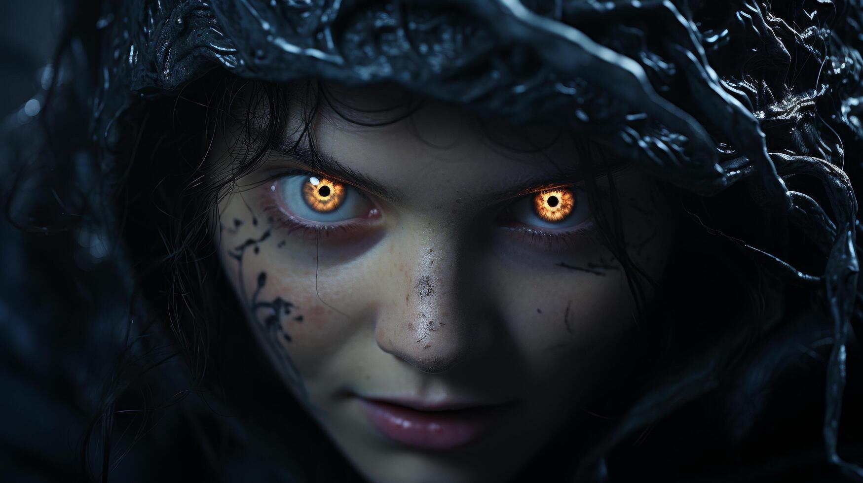 Mysterious dark haired person with glowing eyes photo