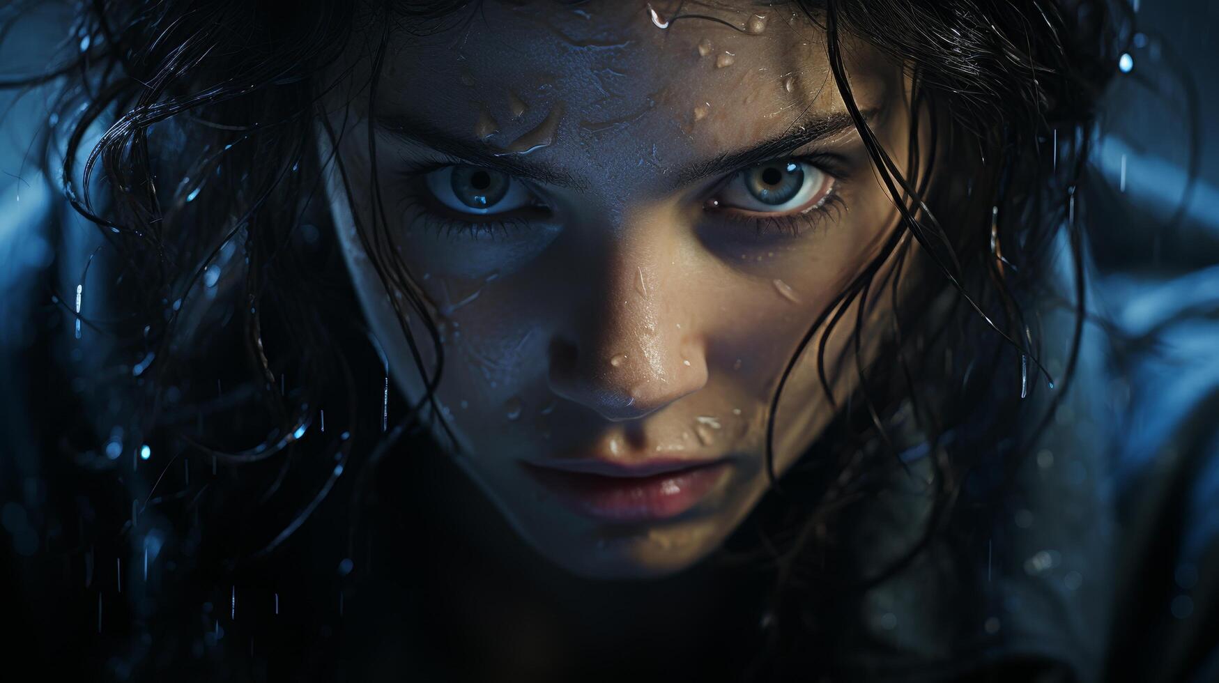 Intense gaze of a mysterious person in the dark photo