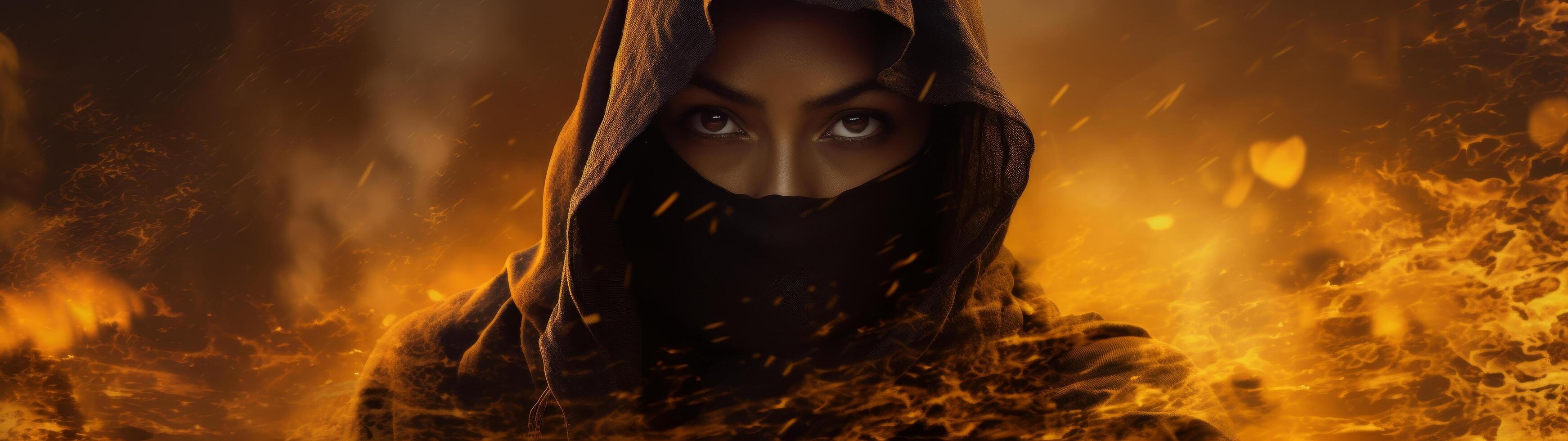 mysterious hooded figure in fiery apocalyptic scene photo