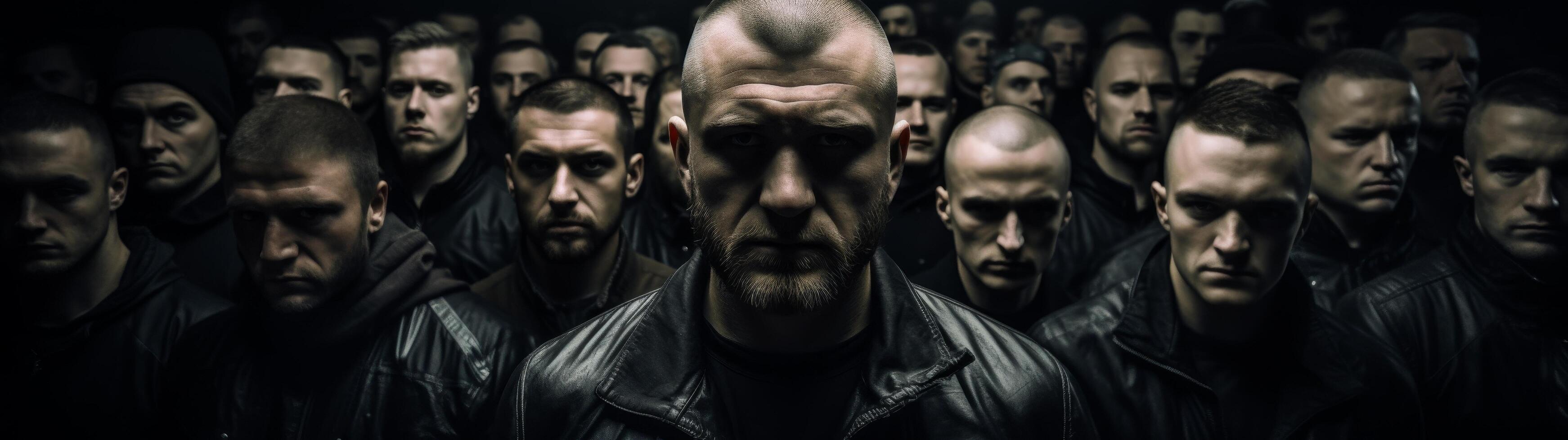 Intense group of gritty men in dark clothing photo