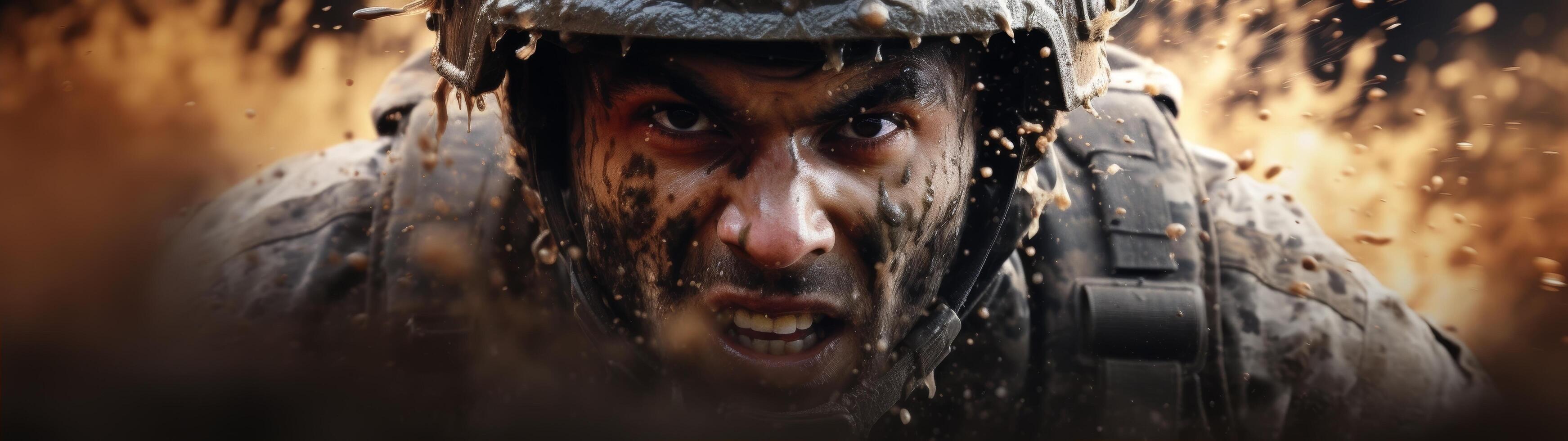 intense soldier in combat gear with determined expression photo