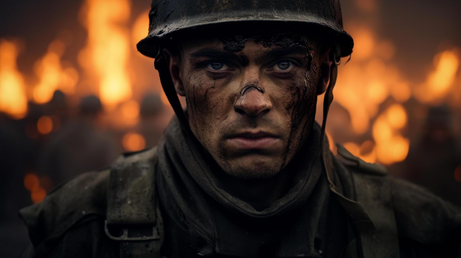 Intense soldier in war zone photo