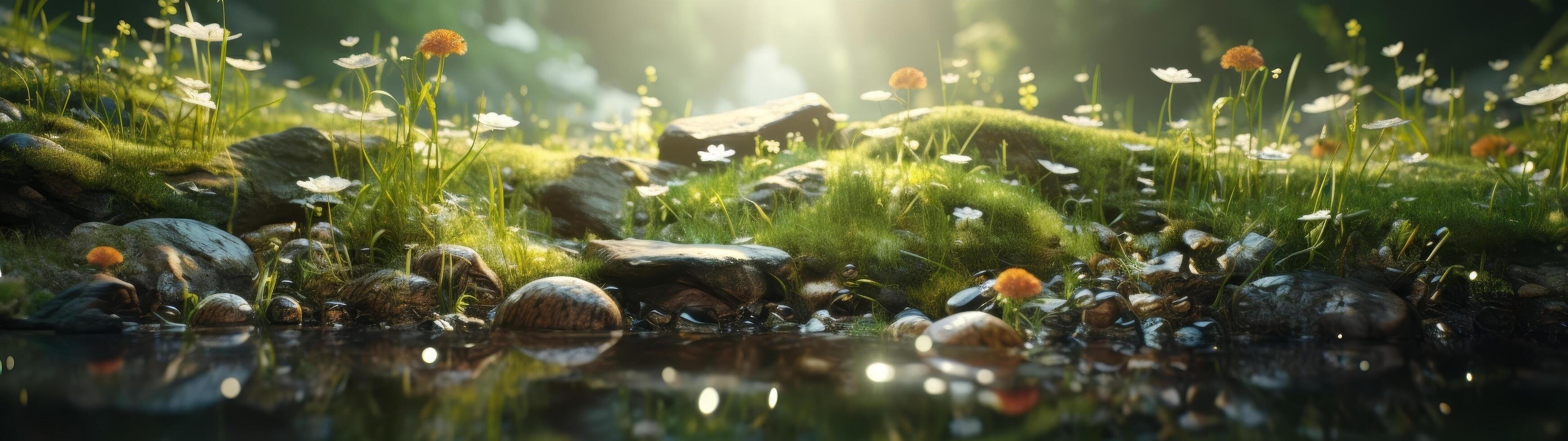 Enchanting forest floor with vibrant wildflowers and moss covered rocks photo