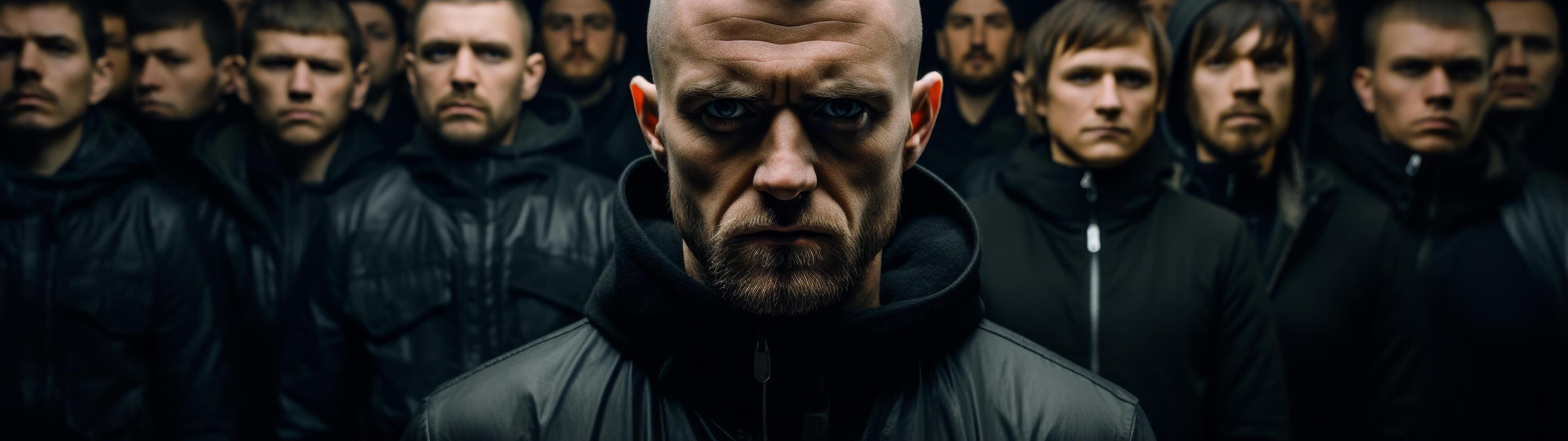 Serious man in dark clothing with group of people behind him photo