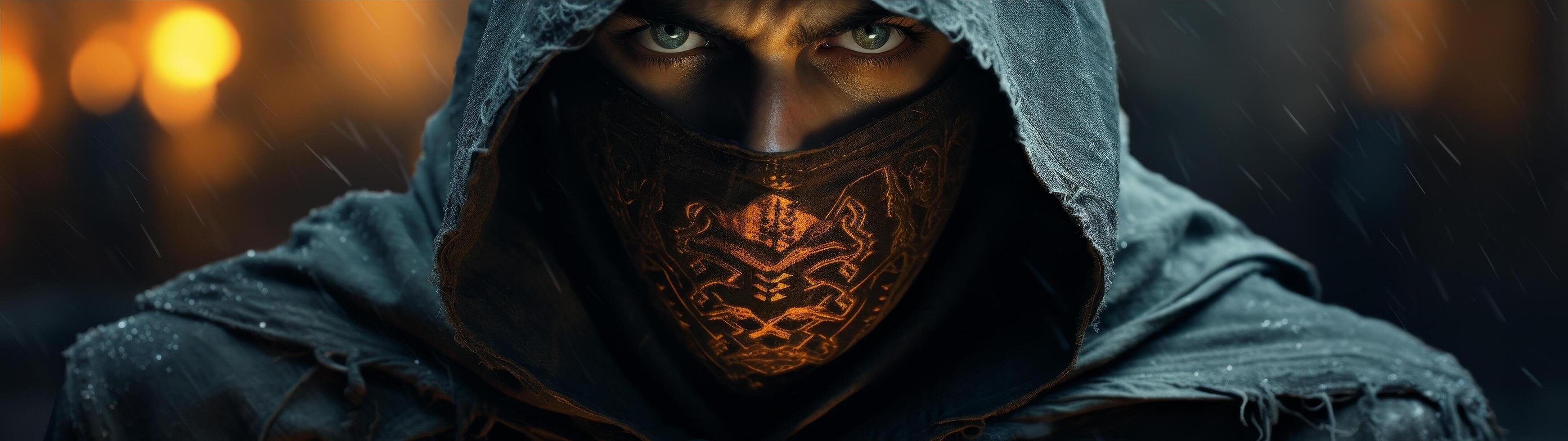 Mysterious hooded figure with glowing eyes and ornate mask photo