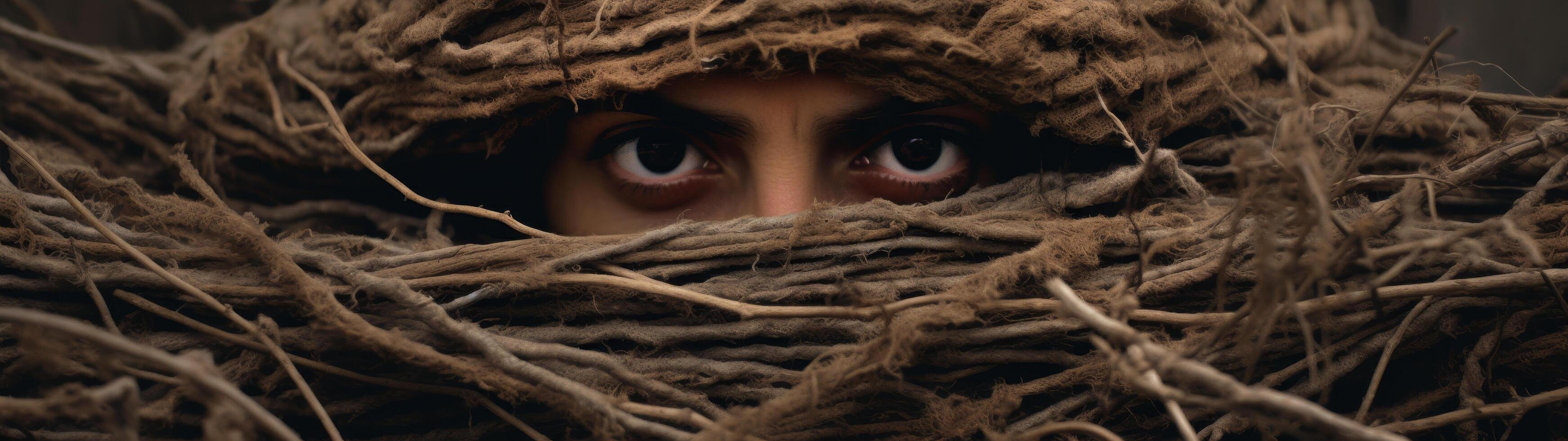 Mysterious eyes peering through tangled branches photo