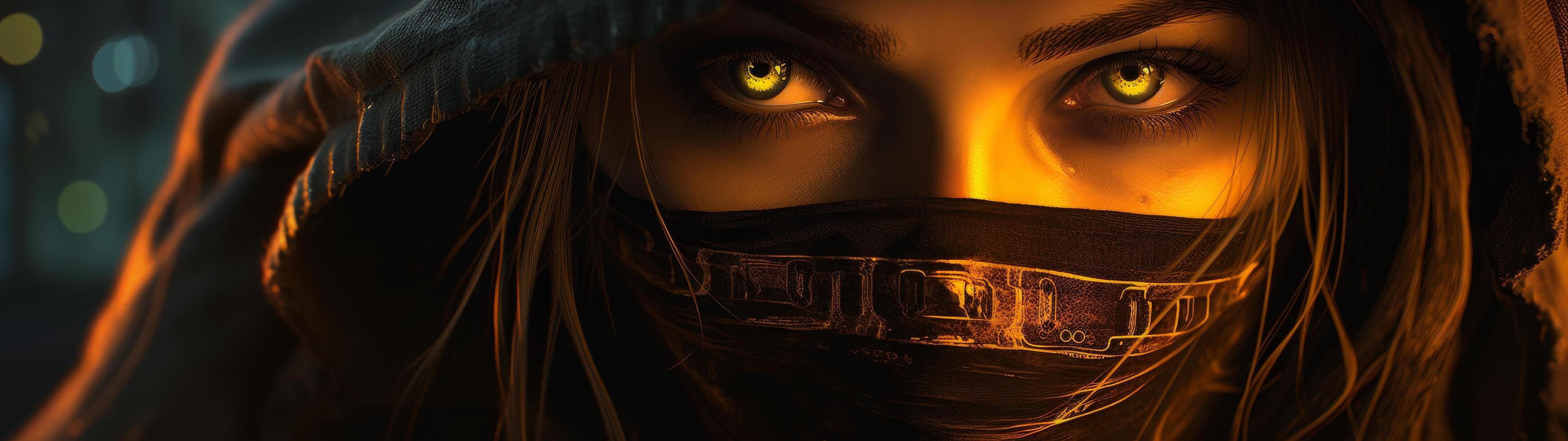 Mysterious woman with glowing eyes and face covered photo