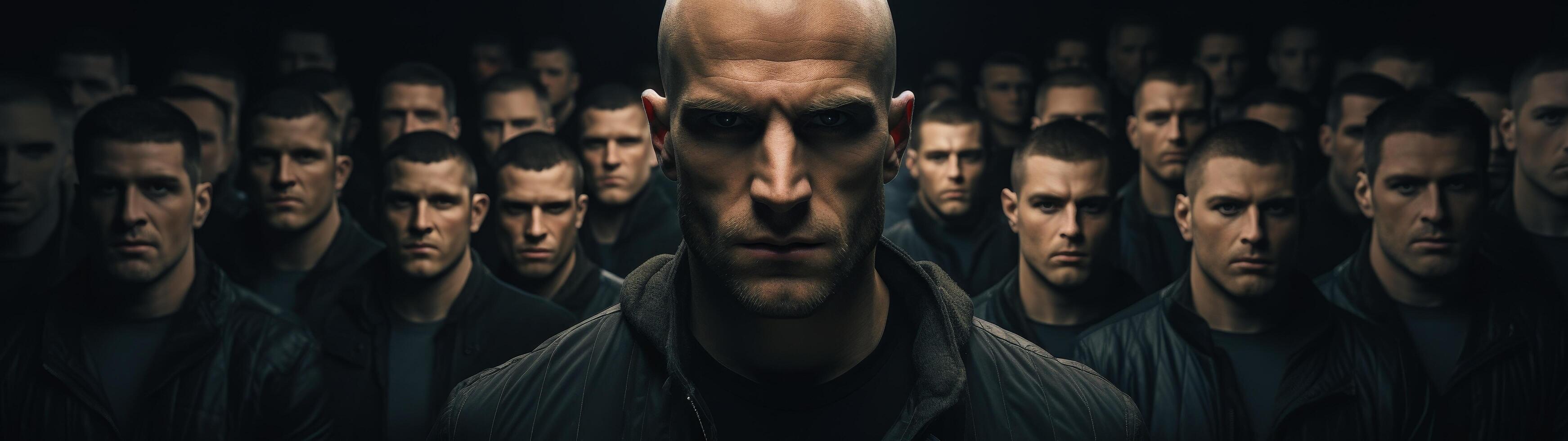 Intense group of serious men in dark clothing photo