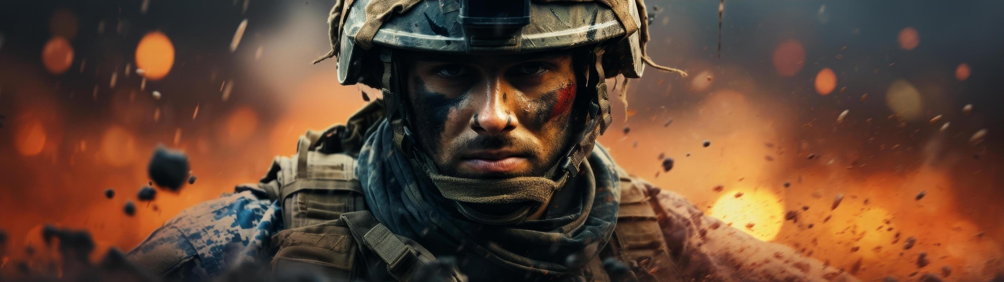 Rugged soldier in combat uniform during battle photo