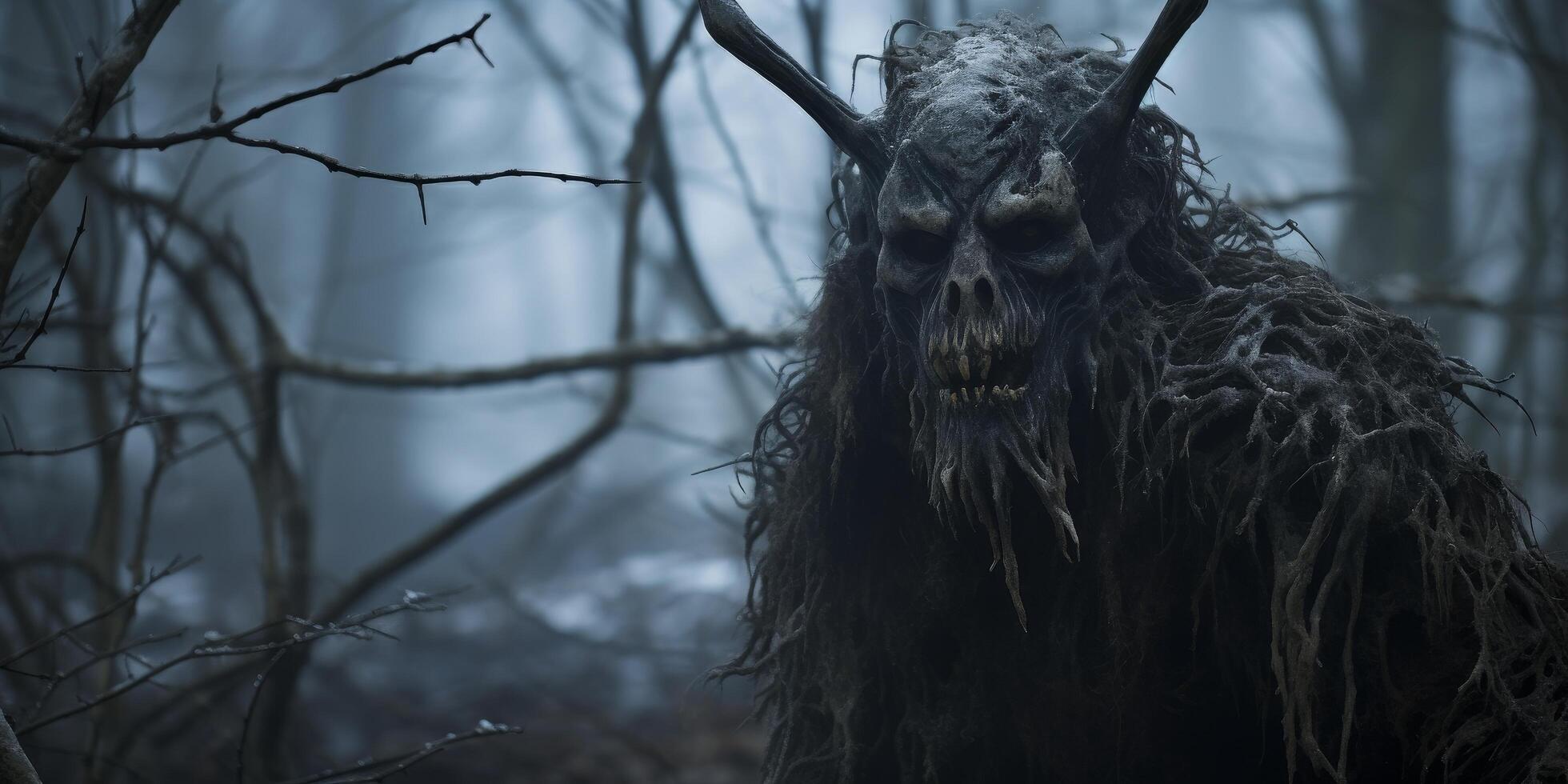 Creepy dark forest creature with horns and glowing eyes photo