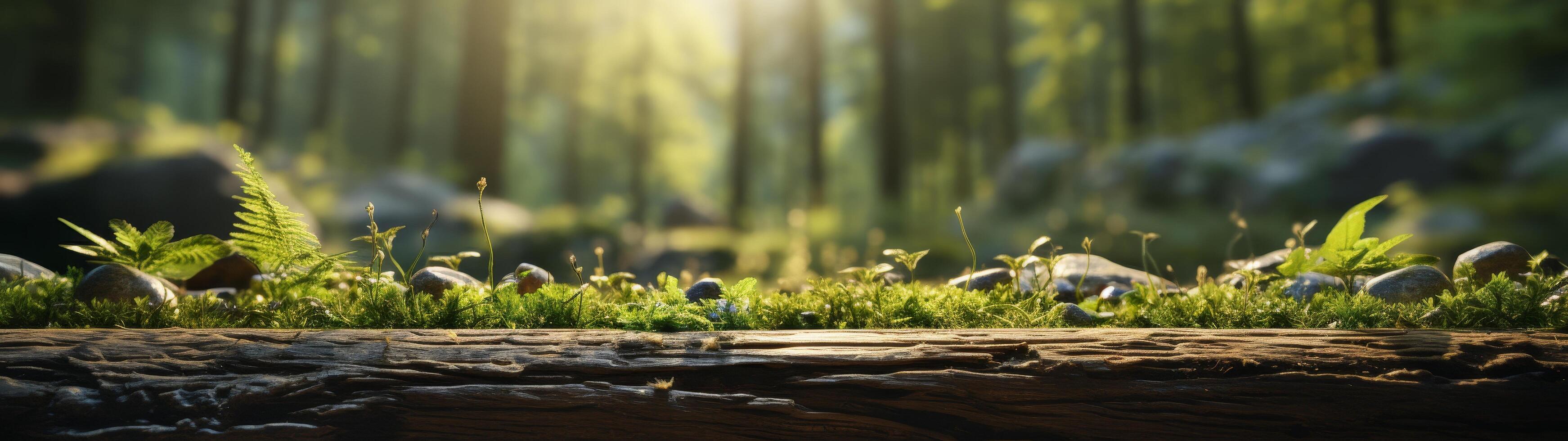 Lush forest floor with ferns and sunlight photo