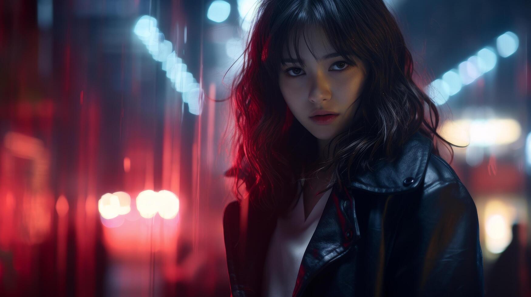 mysterious woman in city at night photo