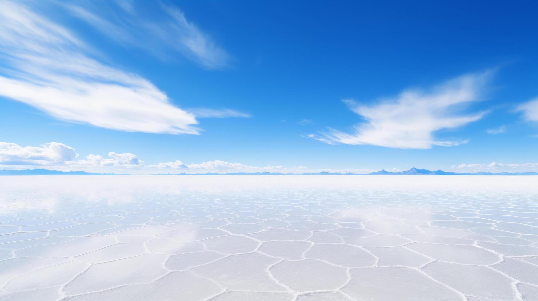 Serene salt flat landscape under blue sky photo