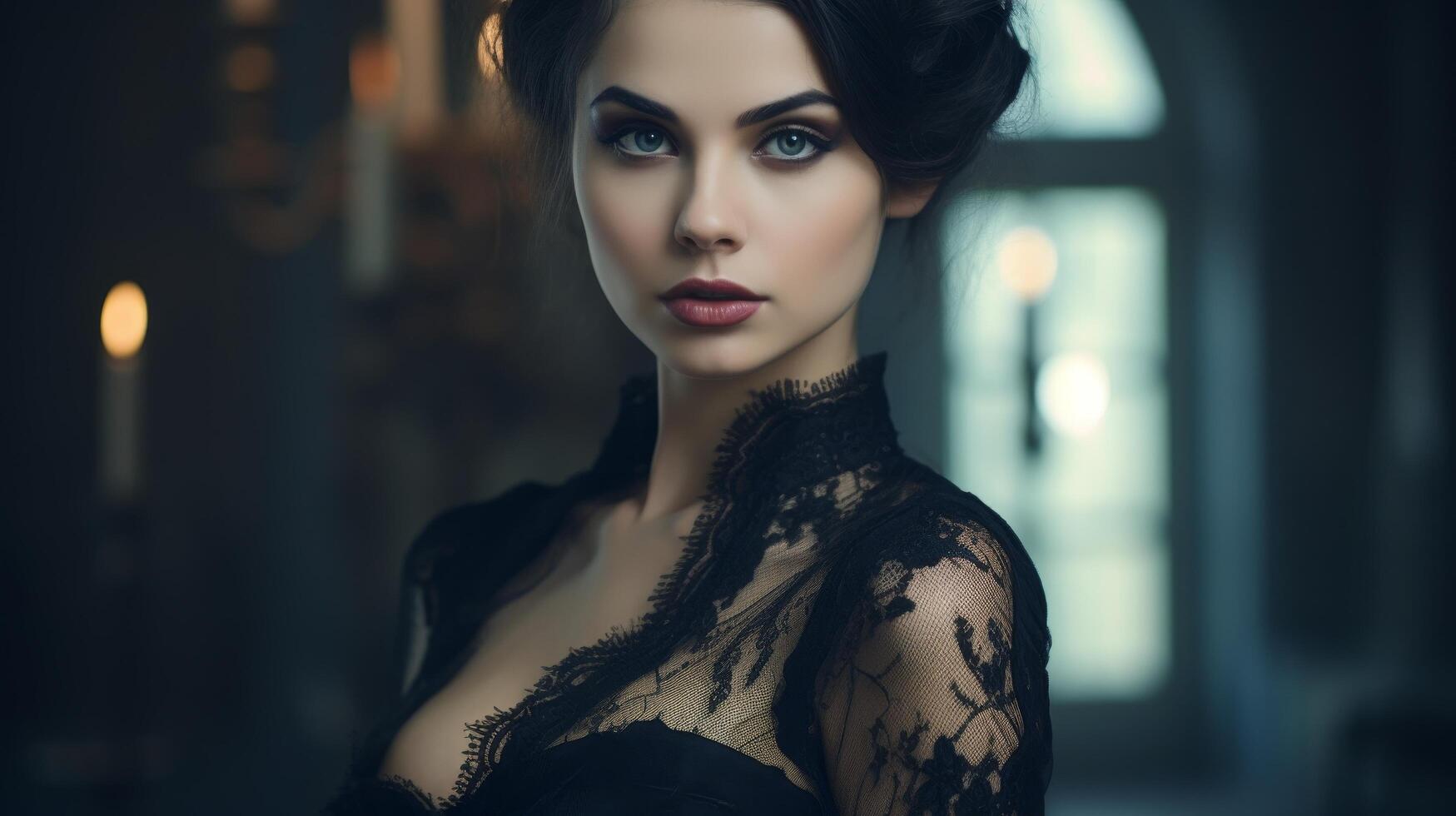 Mysterious woman in black lace dress photo